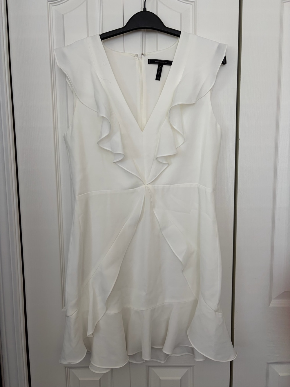 BCBGMaxAzria White Ruffle V-Neck Mini Dress